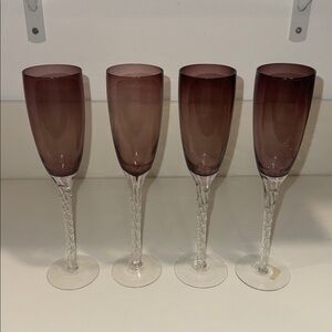 Elegant Vintage Amethyst Glass Champagne Flutes Clear Twisted Stems, Set of 4
